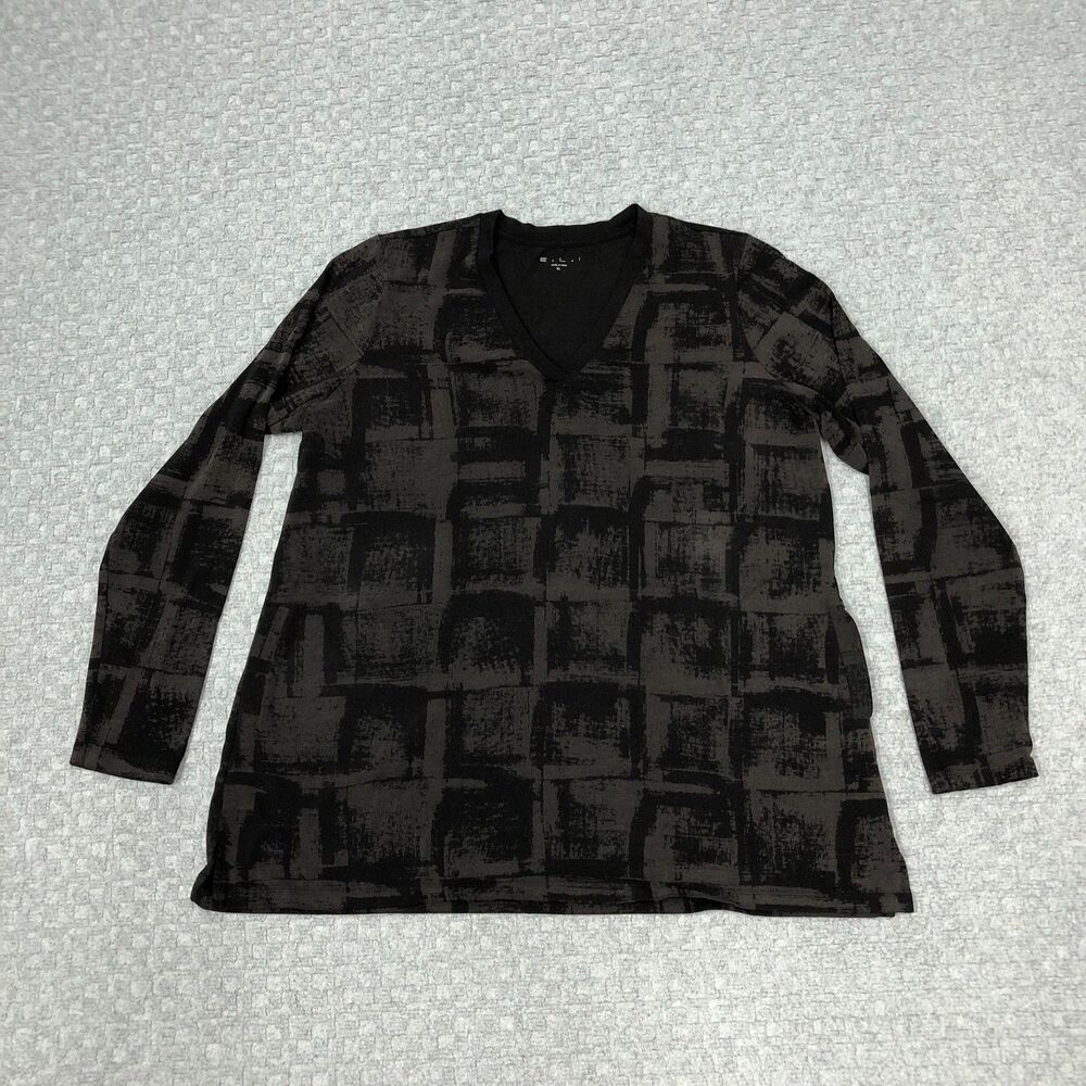 E.L.I Shirt Womens XL Black Gray V Neck Tunic Long Sleeve Pima Cotton Stretch